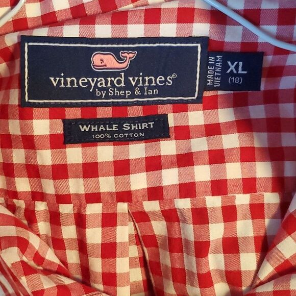 VINEYARD VINES RED WHITE GINGHAM CHECK WHALE BUTTON UP SHIRT 100% COTTON BOYS XL - Picture 5 of 8